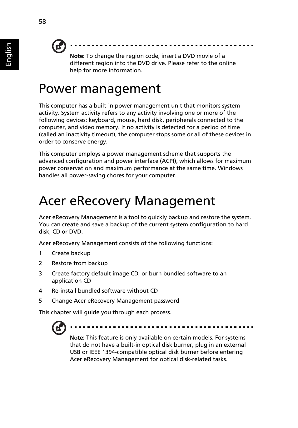 Power management, Acer erecovery management | Acer Aspire 7100 User Manual | Page 68 / 87