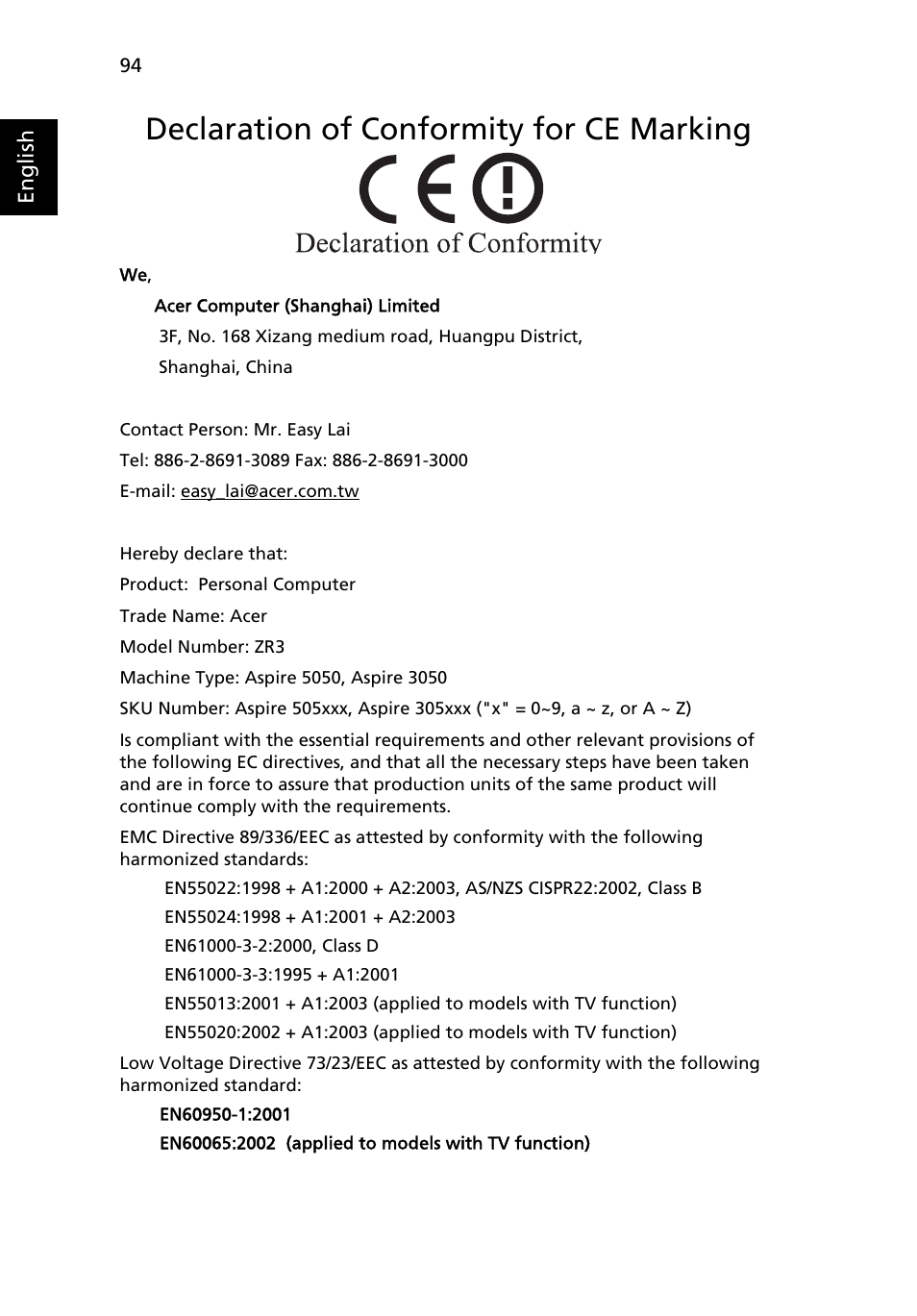 Declaration of conformity for ce marking | Acer Aspire 3050 User Manual | Page 112 / 115