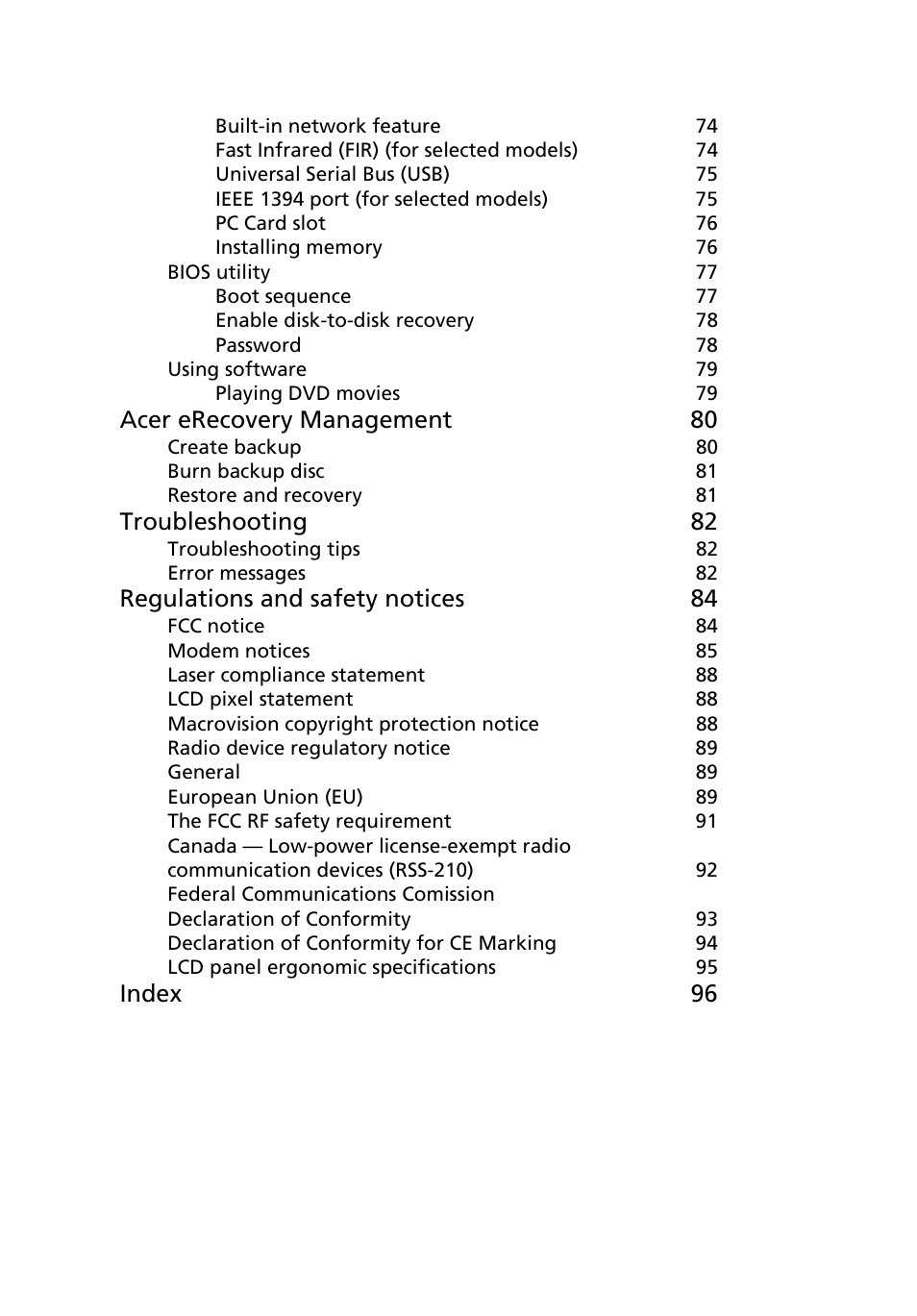 Acer erecovery management 80, Troubleshooting 82, Regulations and safety notices 84 | Index 96 | Acer Aspire 3050 User Manual | Page 18 / 115