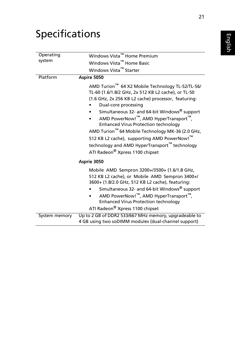 Specifications, Eng lis h | Acer Aspire 3050 User Manual | Page 39 / 115