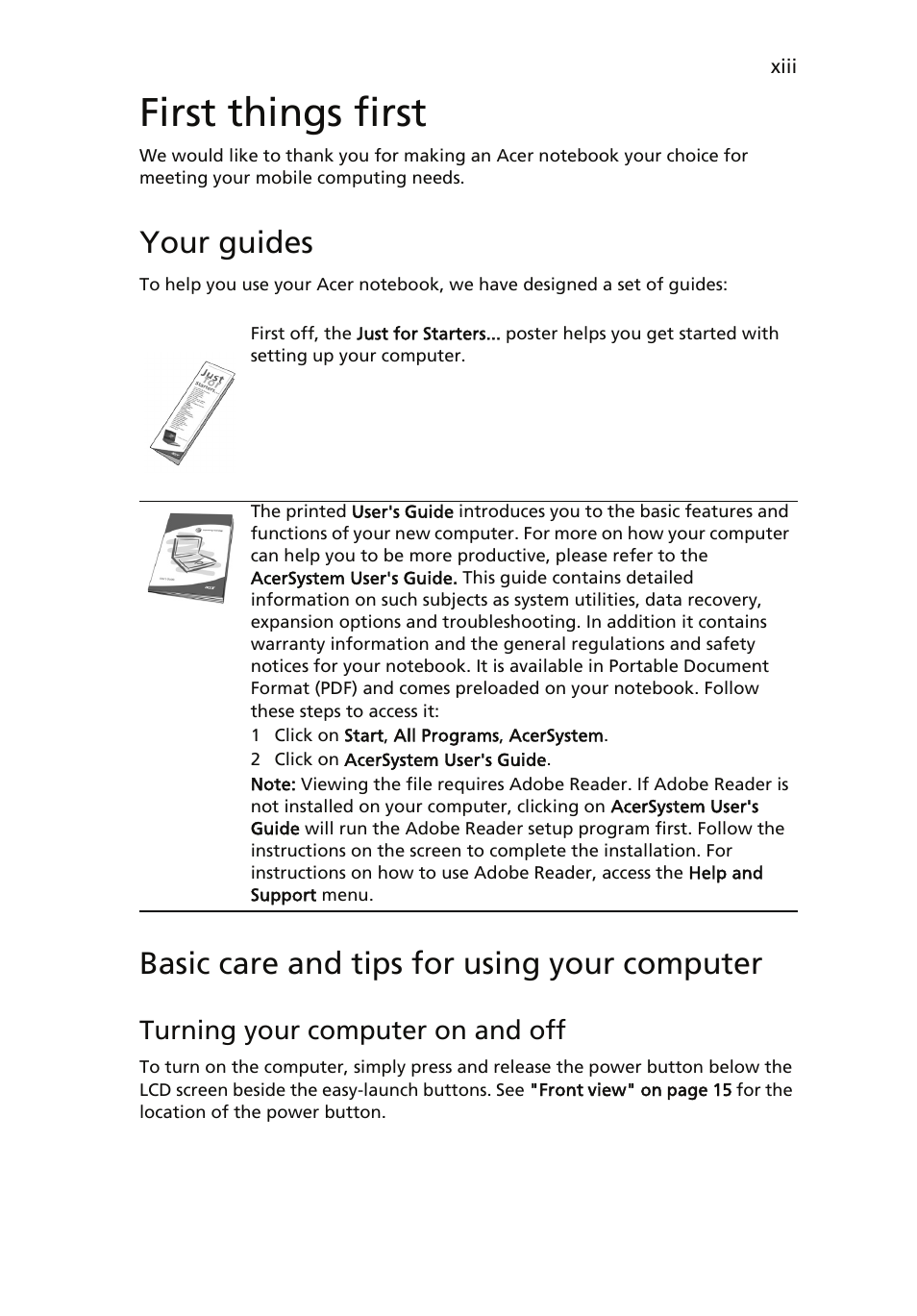 First things first, Your guides, Basic care and tips for using your computer | Acer Extensa 4120 User Manual | Page 13 / 98