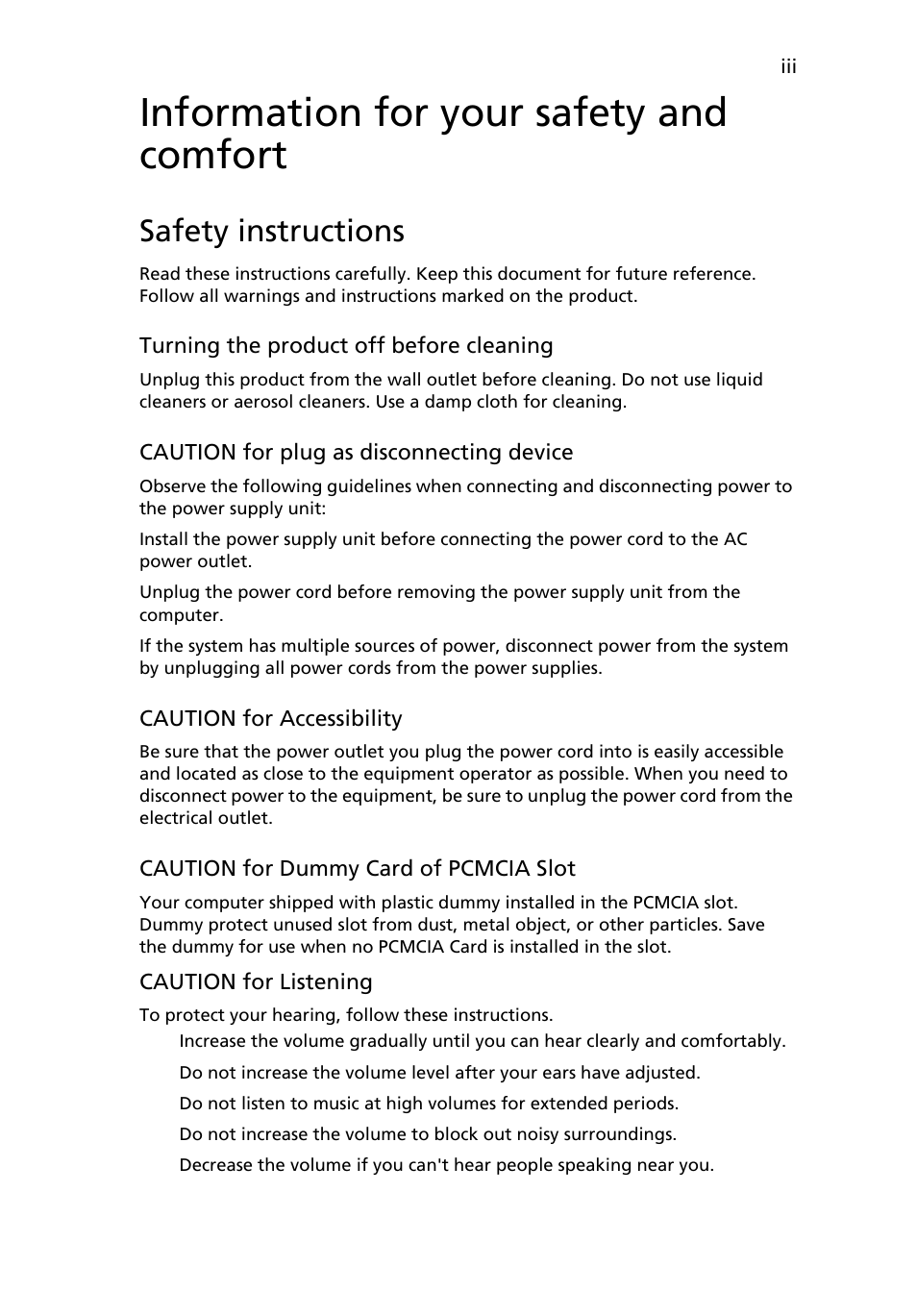 Information for your safety and comfort, Safety instructions | Acer Extensa 4120 User Manual | Page 3 / 98