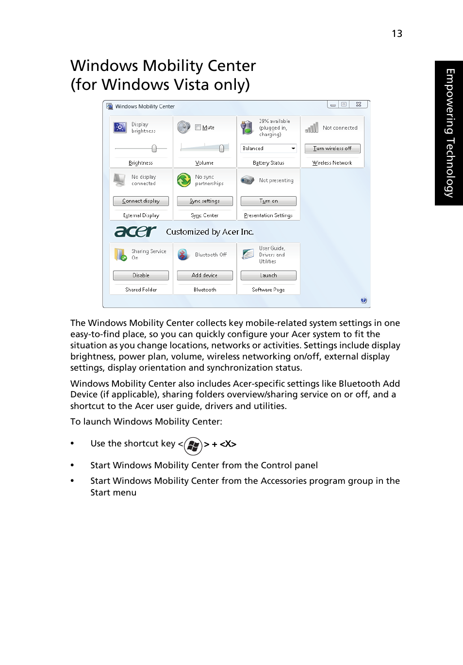 Windows mobility center, Windows mobility center (for windows vista only) | Acer Extensa 4120 User Manual | Page 33 / 98