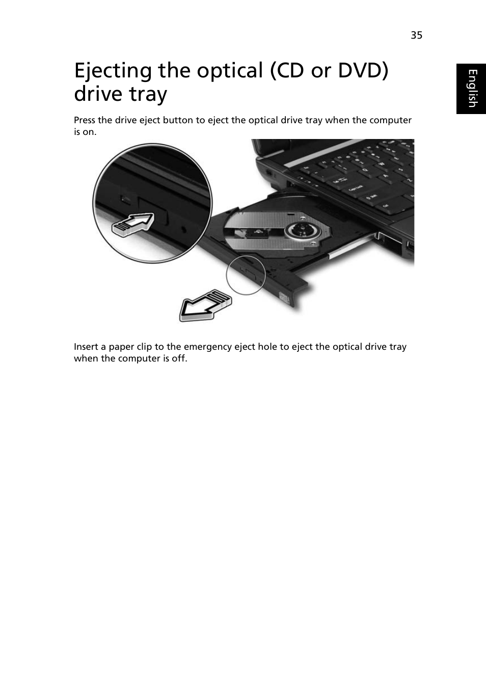 Ejecting the optical (cd or dvd) drive tray | Acer Extensa 4120 User Manual | Page 55 / 98