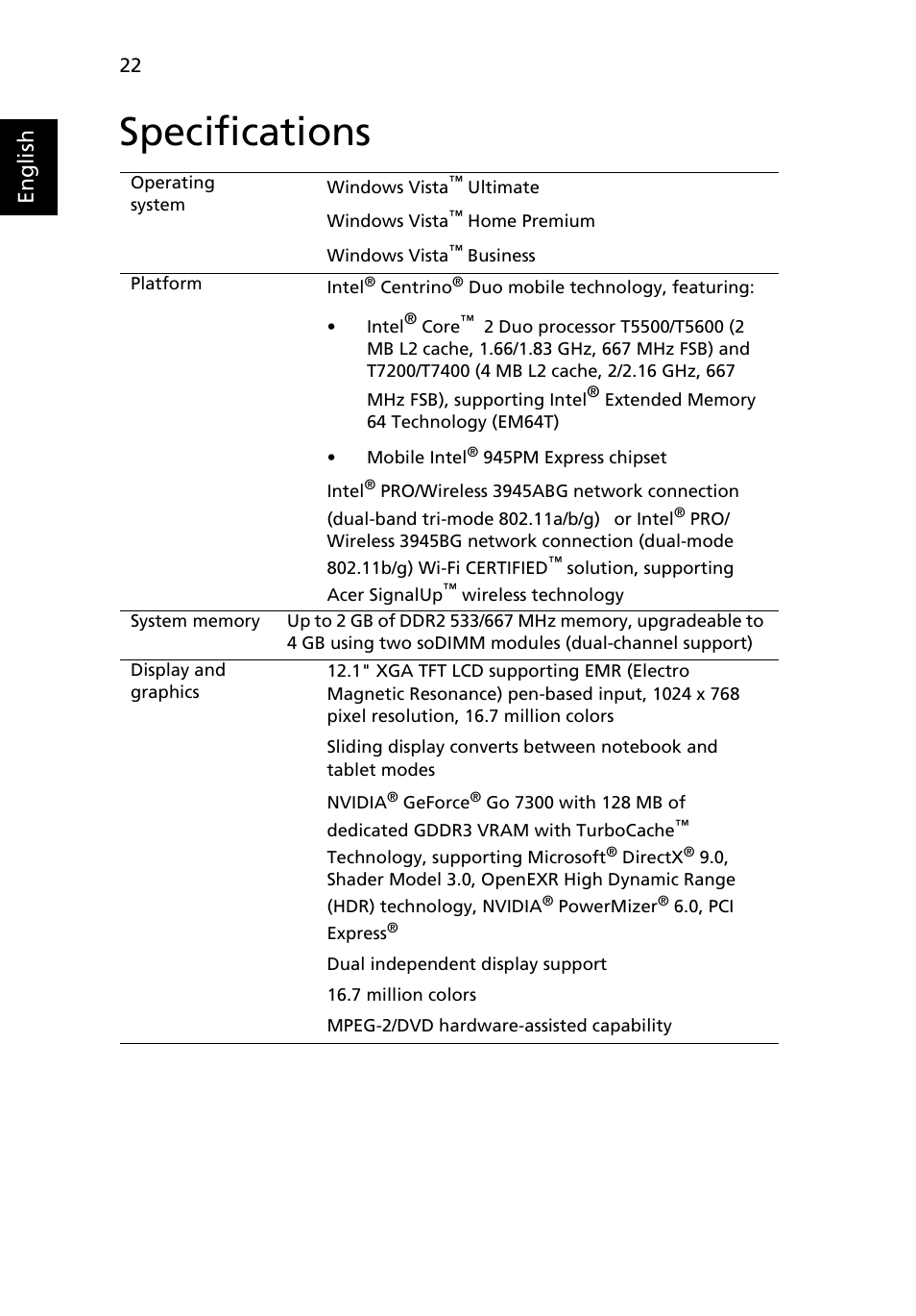 Specifications, English | Acer TravelMate C210 User Manual | Page 40 / 113