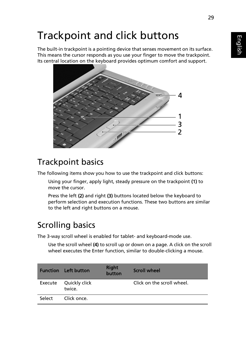 Trackpoint and click buttons, Trackpoint basics, Scrolling basics | Acer TravelMate C210 User Manual | Page 47 / 113