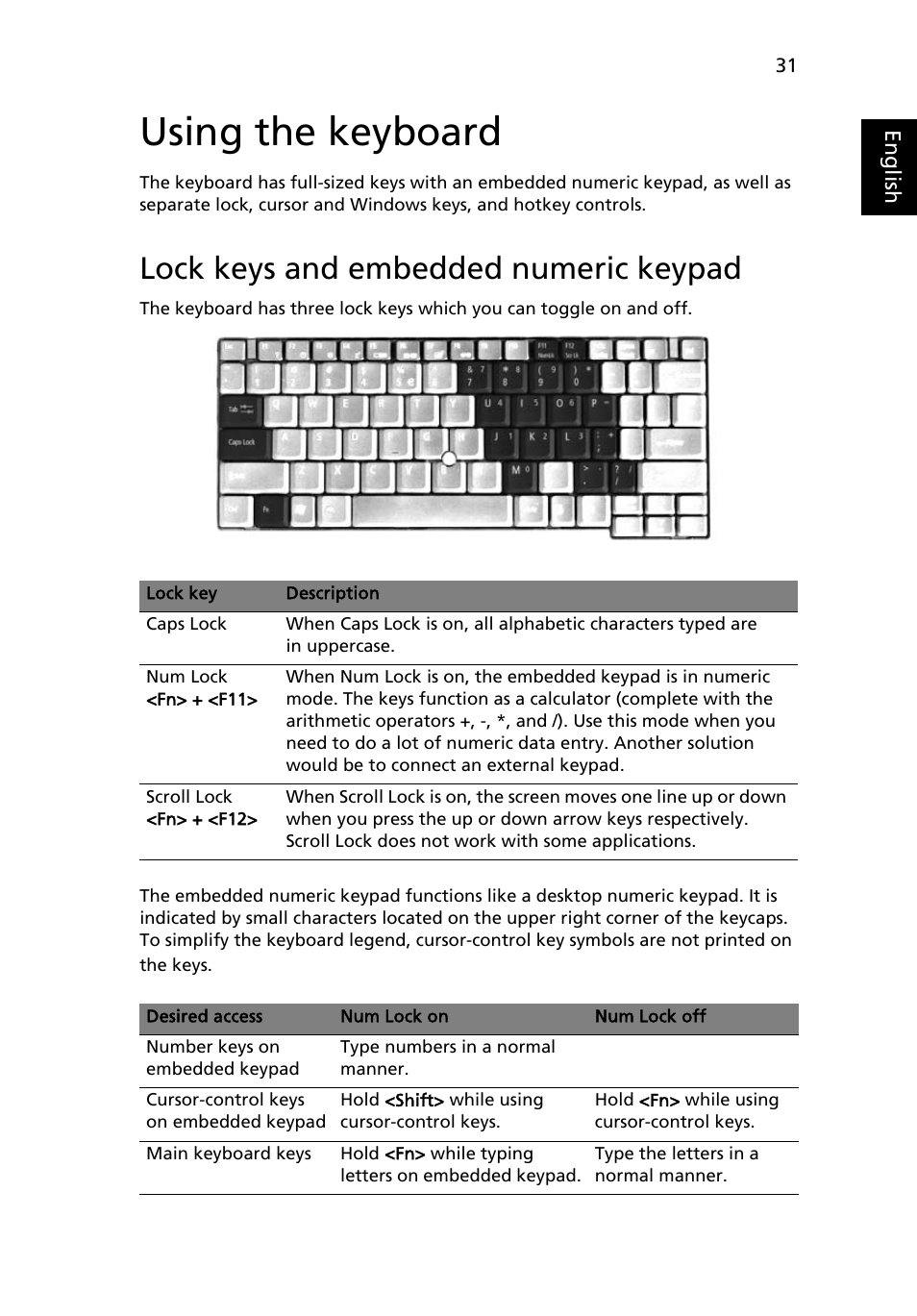 Using the keyboard, Lock keys and embedded numeric keypad | Acer TravelMate C210 User Manual | Page 49 / 113