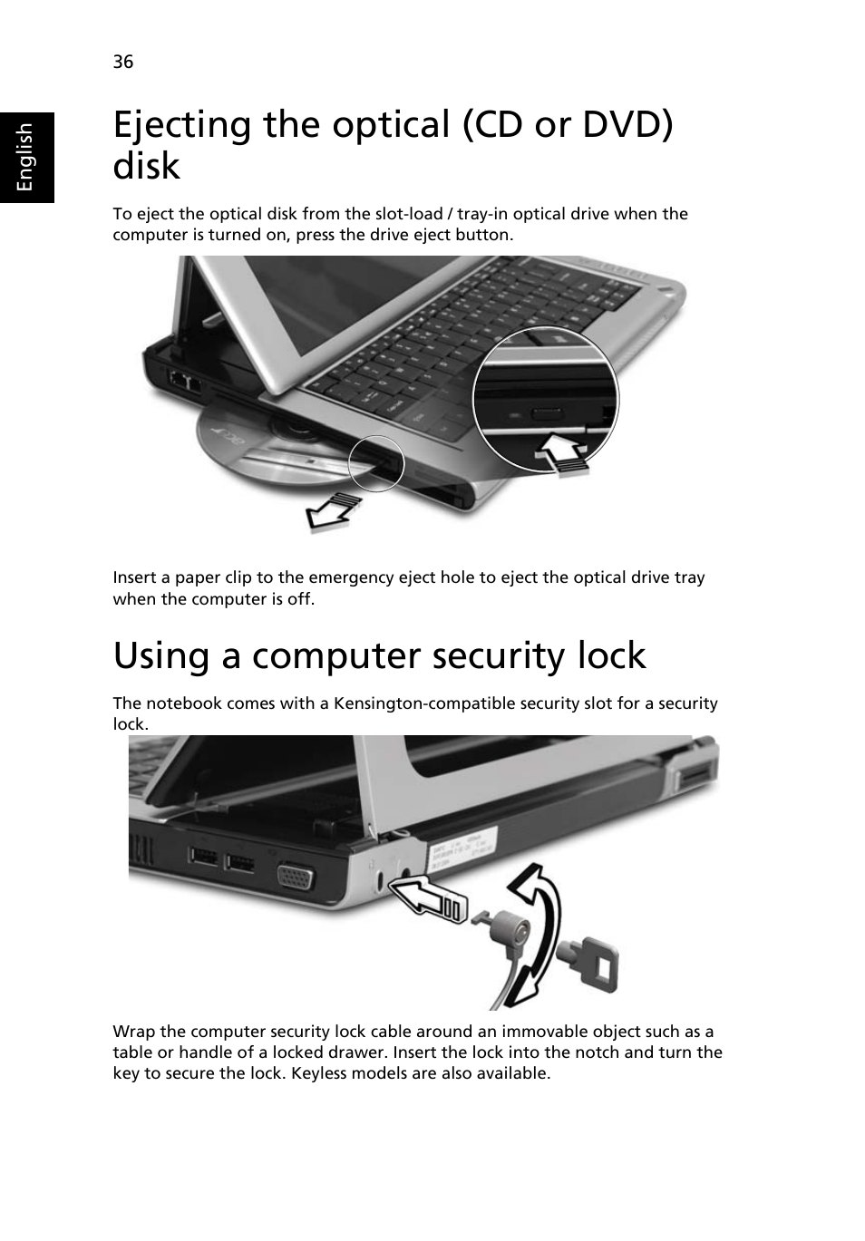 Ejecting the optical (cd or dvd) disk, Using a computer security lock | Acer TravelMate C210 User Manual | Page 54 / 113