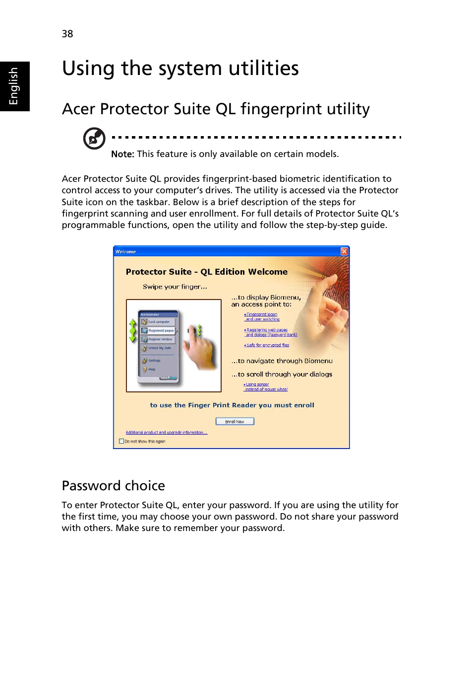 Using the system utilities, Acer protector suite ql fingerprint utility, Password choice | Acer TravelMate C210 User Manual | Page 56 / 113