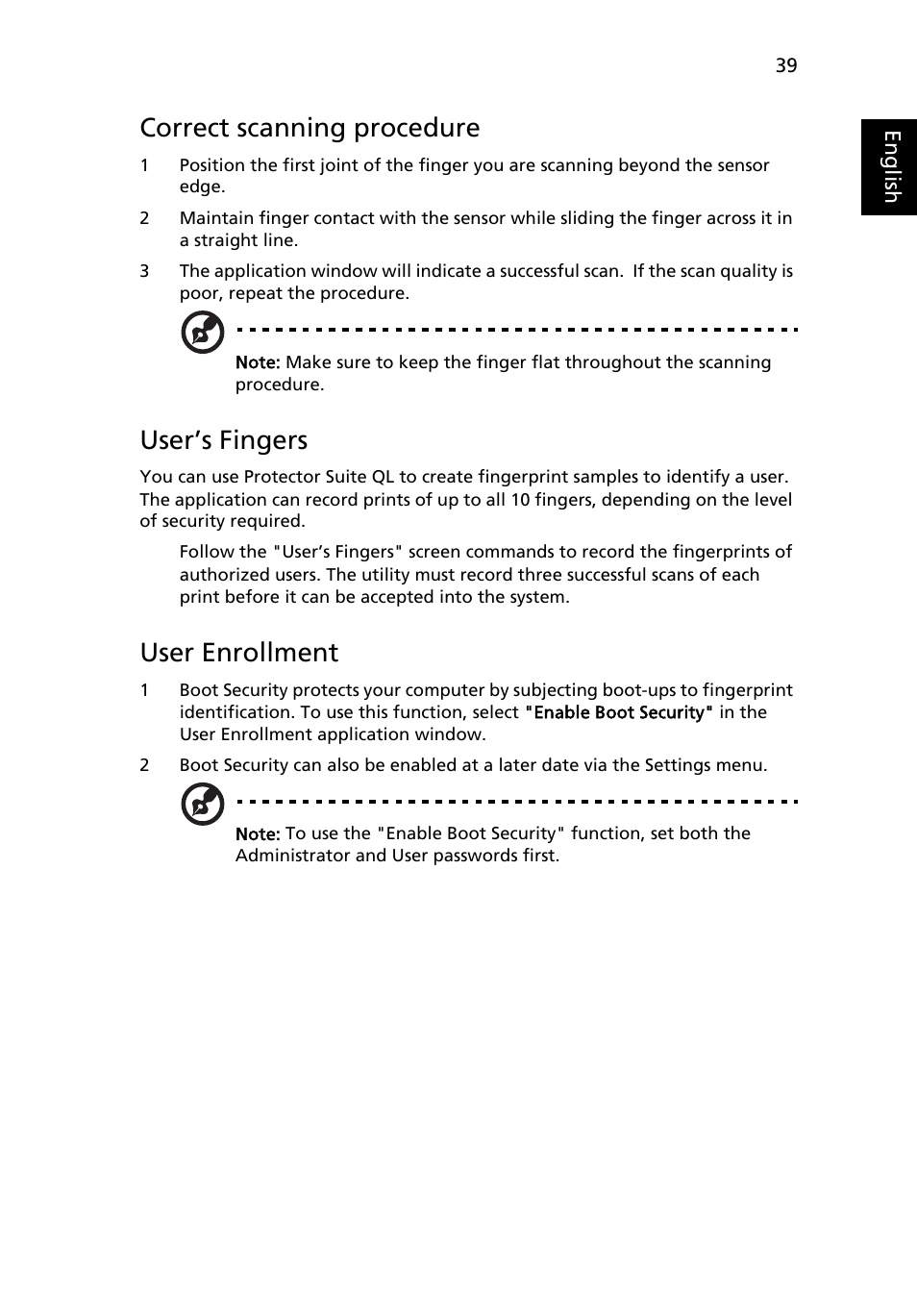 Correct scanning procedure, User’s fingers, User enrollment | Acer TravelMate C210 User Manual | Page 57 / 113