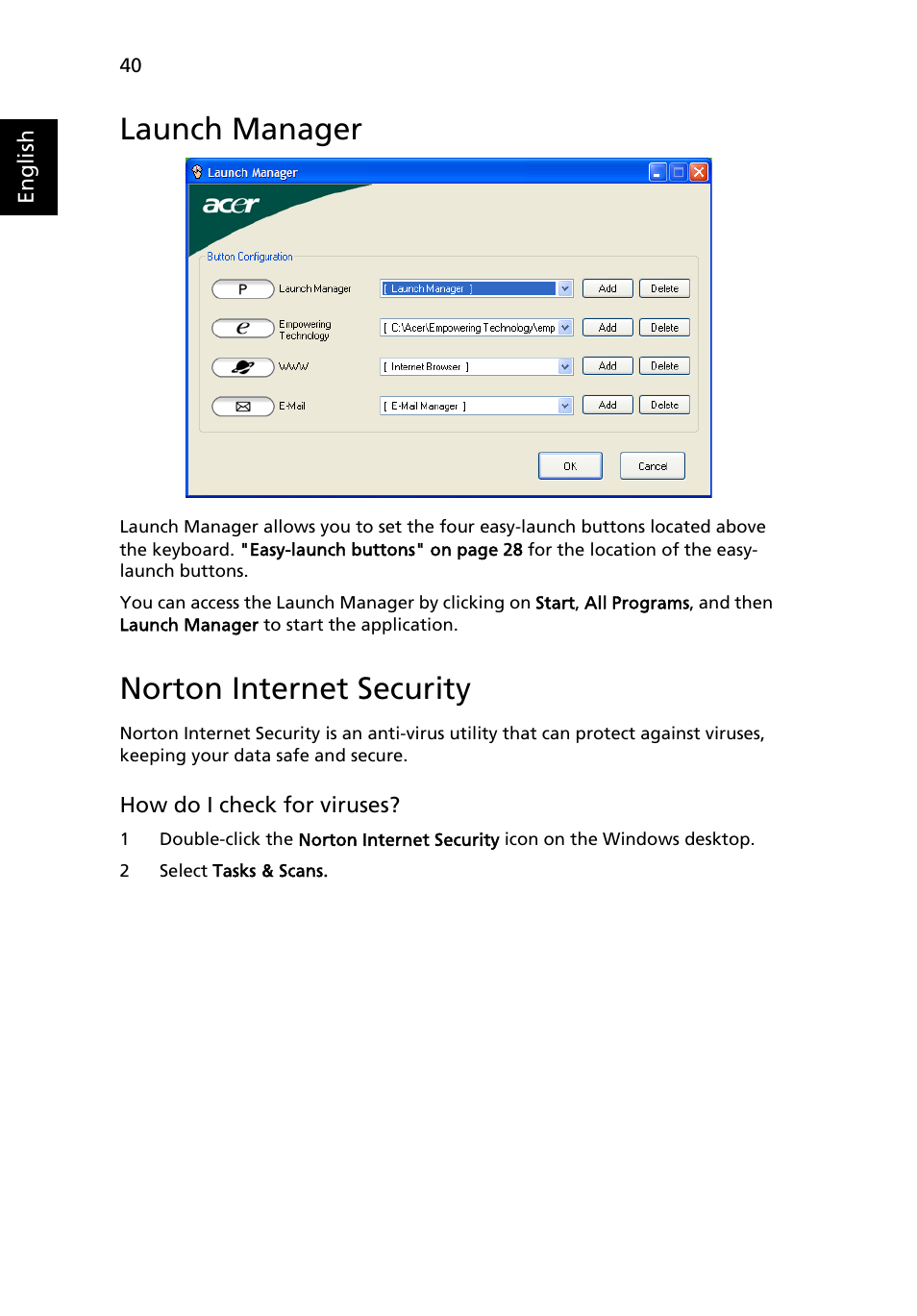 Launch manager, Norton internet security | Acer TravelMate C210 User Manual | Page 58 / 113