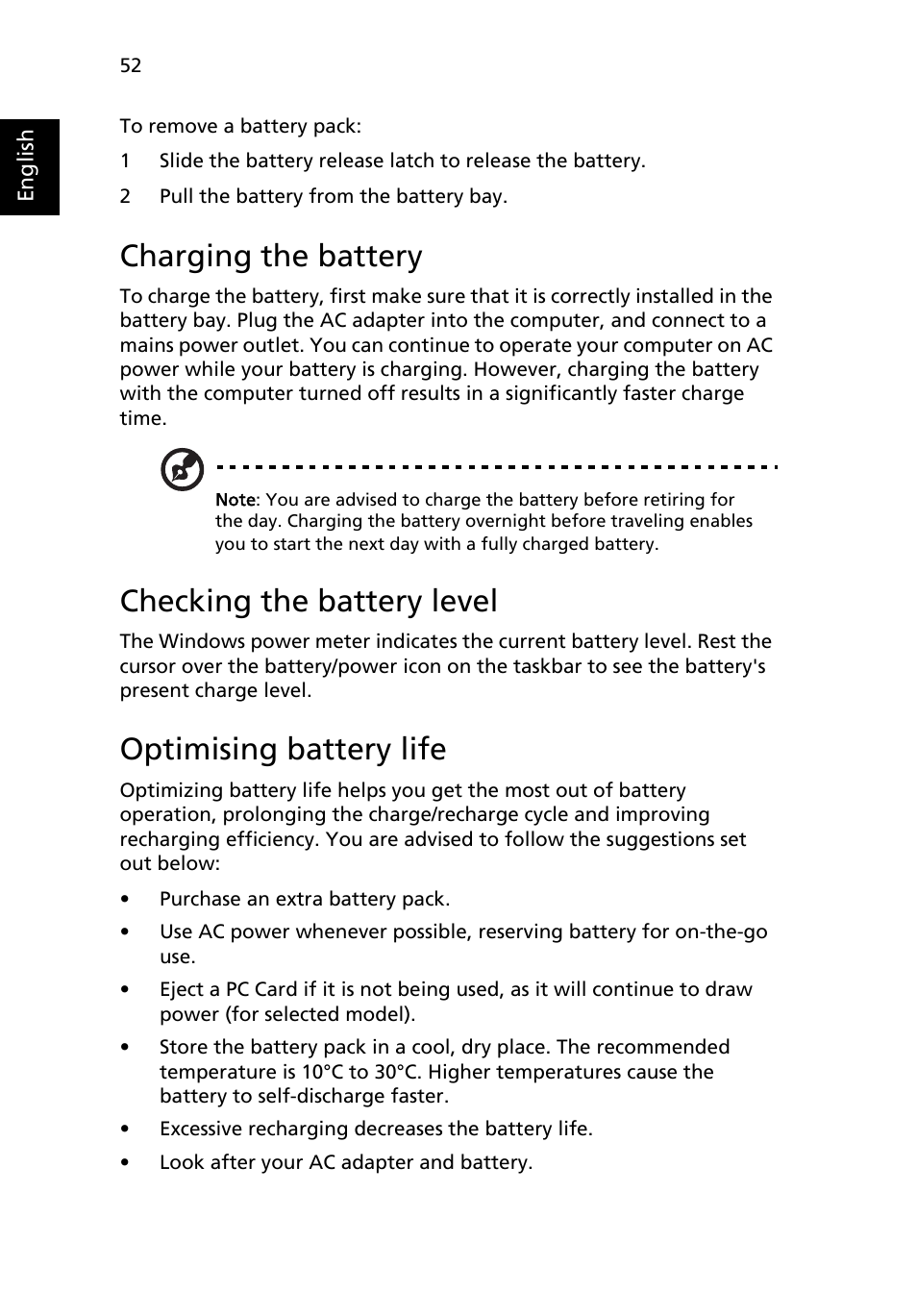 Charging the battery, Checking the battery level, Optimising battery life | Acer TravelMate C210 User Manual | Page 70 / 113