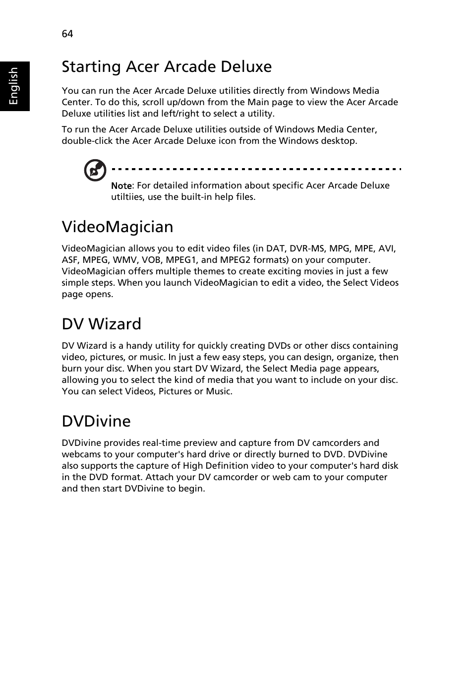 Starting acer arcade deluxe, Videomagician, Dv wizard | Dvdivine | Acer TravelMate C210 User Manual | Page 82 / 113