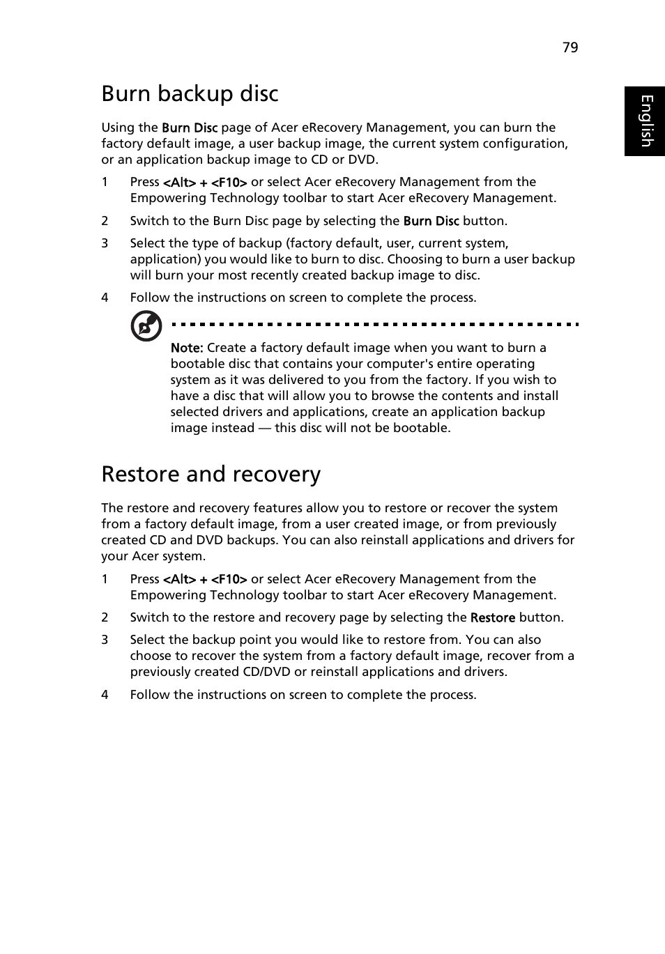 Burn backup disc, Restore and recovery | Acer TravelMate C210 User Manual | Page 97 / 113