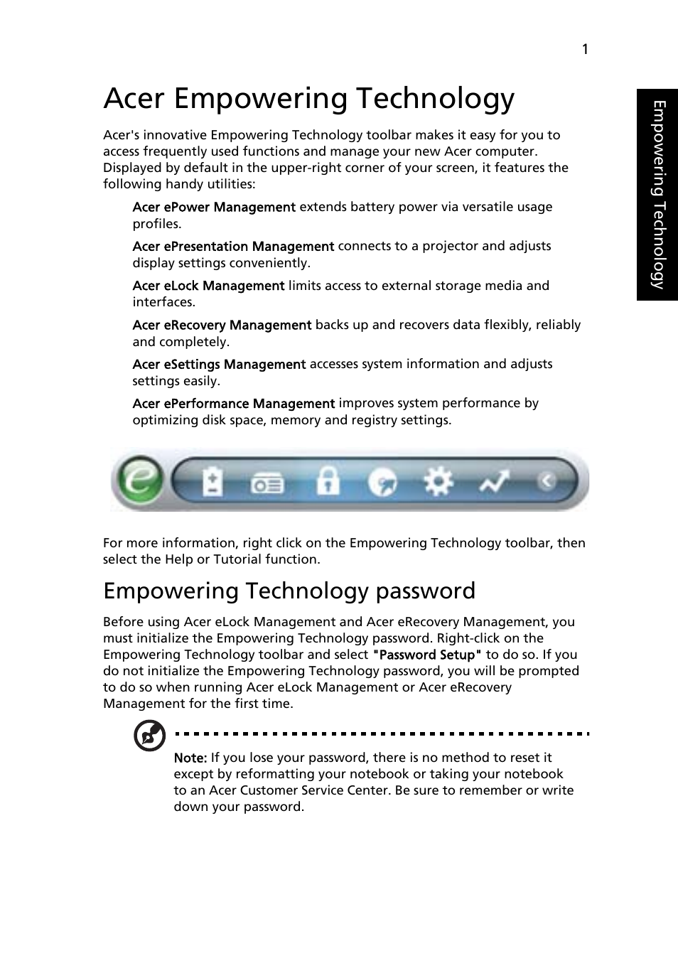 Acer empowering technology, Empowering technology password | Acer Aspire 3650 User Manual | Page 15 / 94