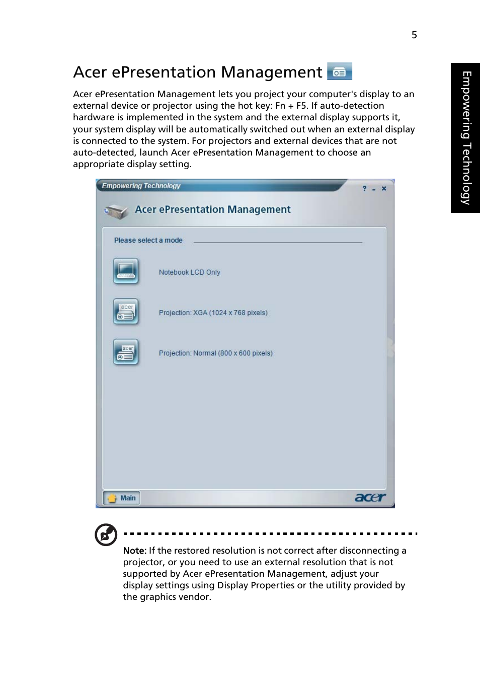 Acer epresentation management | Acer Aspire 3650 User Manual | Page 19 / 94