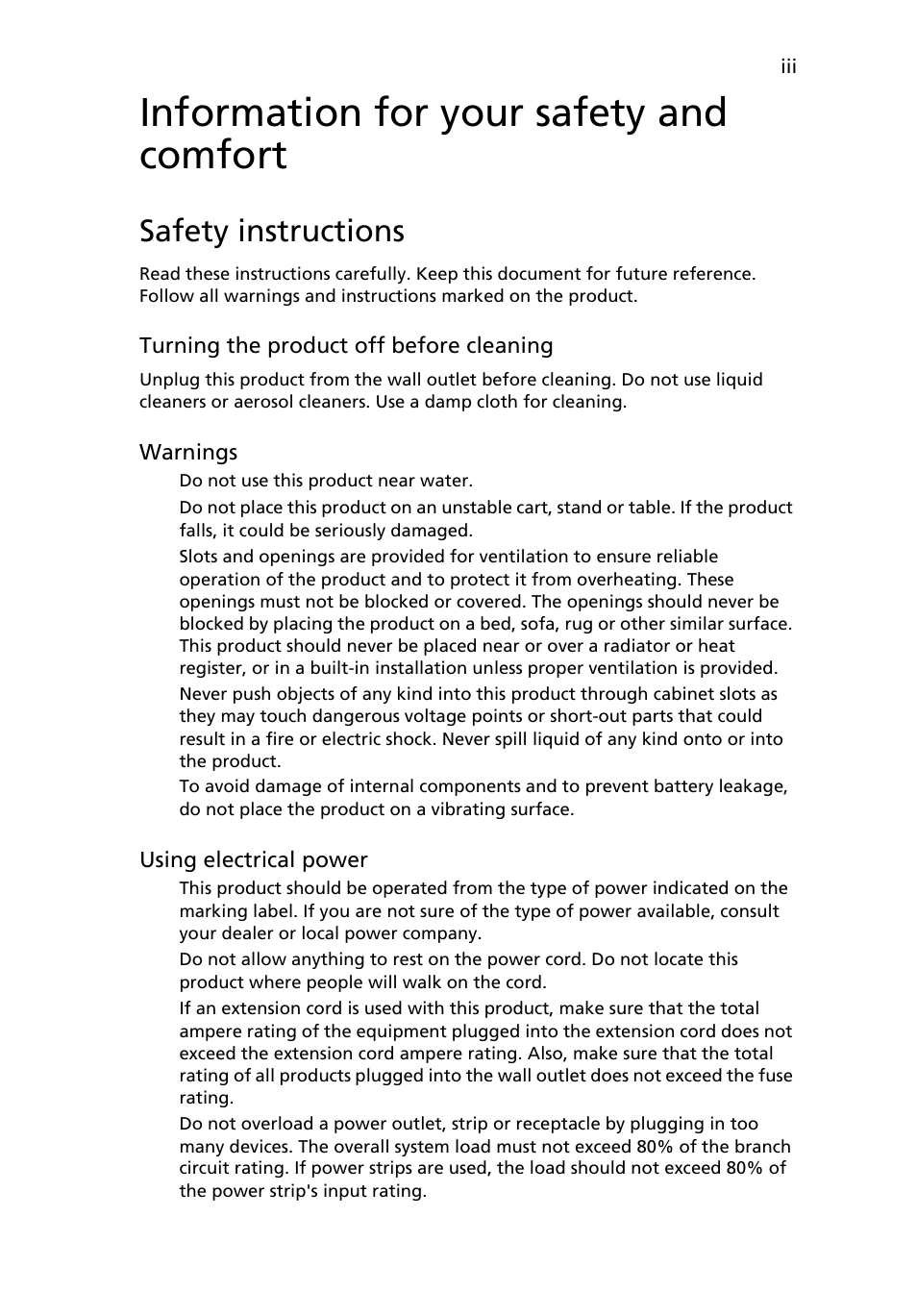 Information for your safety and comfort, Safety instructions | Acer Aspire 3650 User Manual | Page 3 / 94