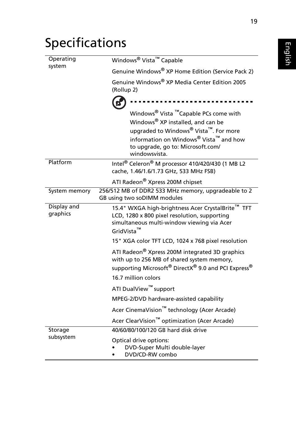 Specifications, Eng lis h | Acer Aspire 3650 User Manual | Page 33 / 94