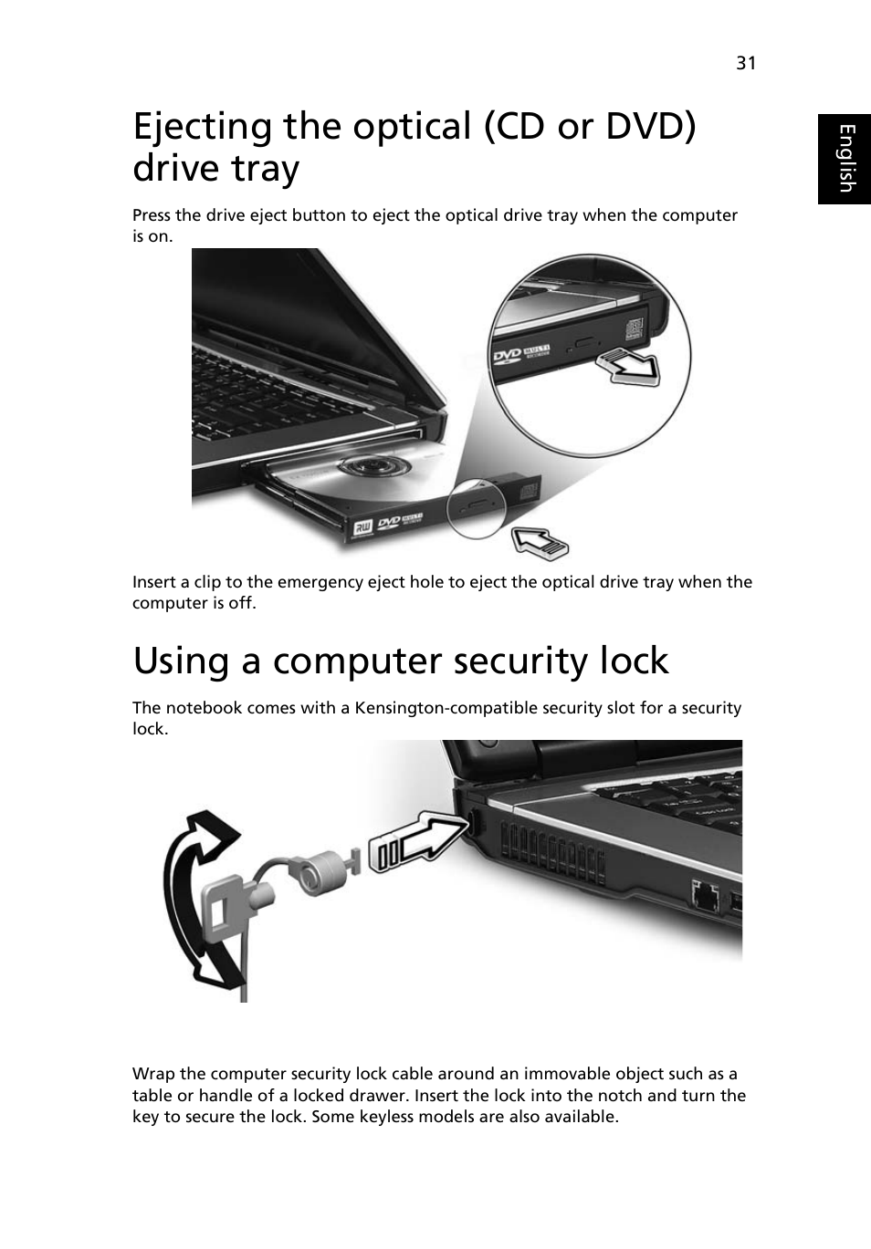 Ejecting the optical (cd or dvd) drive tray, Using a computer security lock | Acer Aspire 3650 User Manual | Page 45 / 94