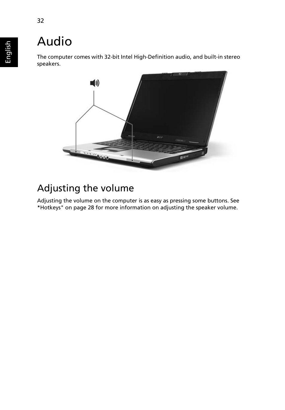 Audio, Adjusting the volume | Acer Aspire 3650 User Manual | Page 46 / 94