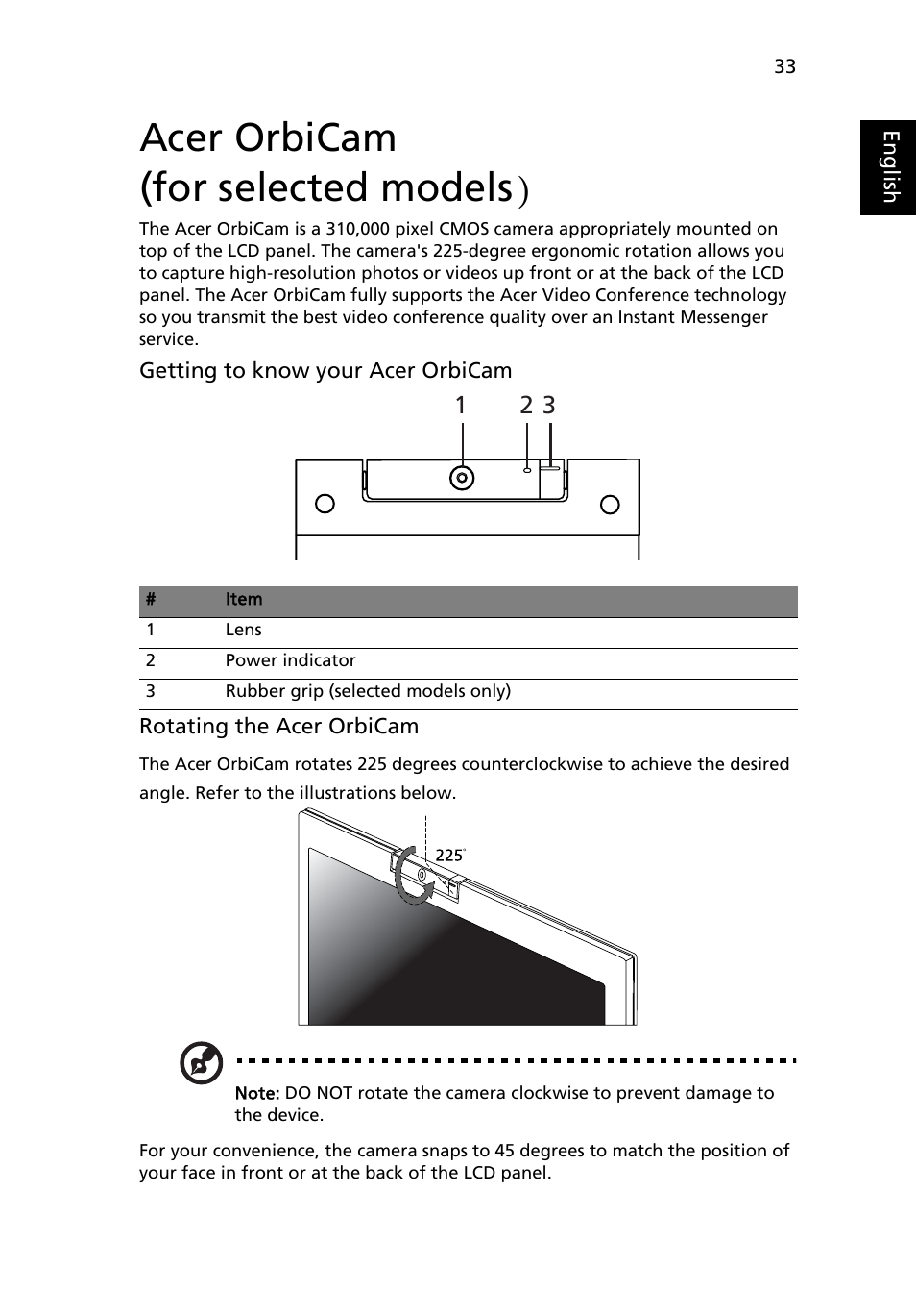 Acer orbicam (for selected models), Acer orbicam | Acer Aspire 3650 User Manual | Page 47 / 94