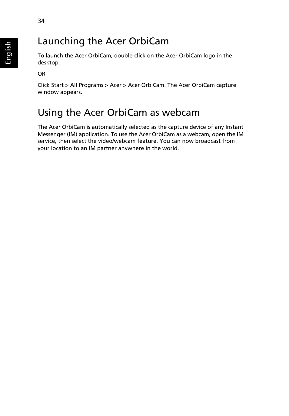 Launching the acer orbicam, Using the acer orbicam as webcam | Acer Aspire 3650 User Manual | Page 48 / 94