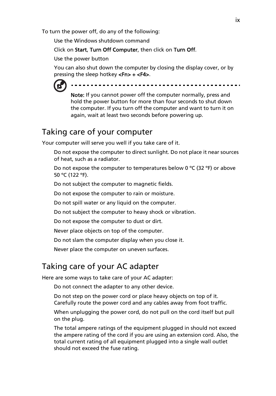 Taking care of your computer, Taking care of your ac adapter | Acer Aspire 3650 User Manual | Page 9 / 94