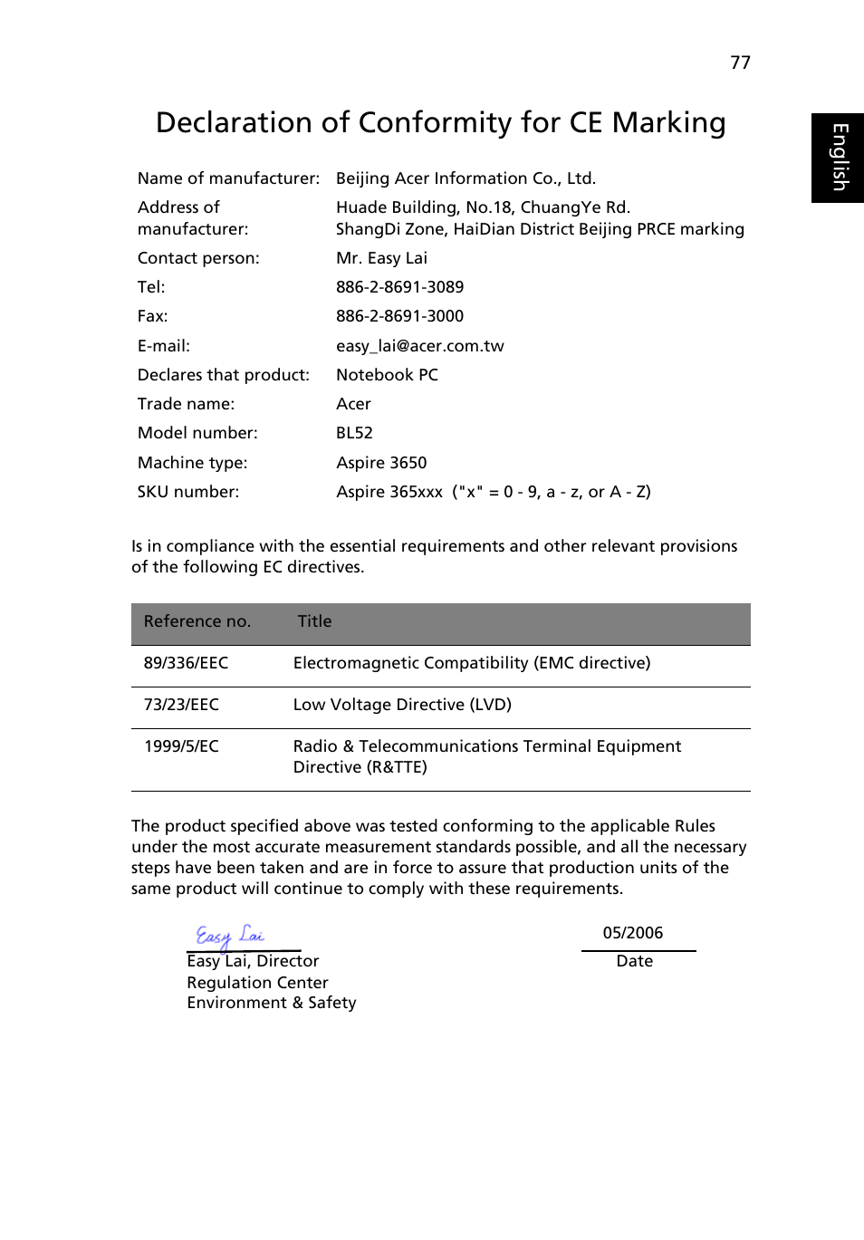 Declaration of conformity for ce marking, Eng lish eng lis h | Acer Aspire 3650 User Manual | Page 91 / 94