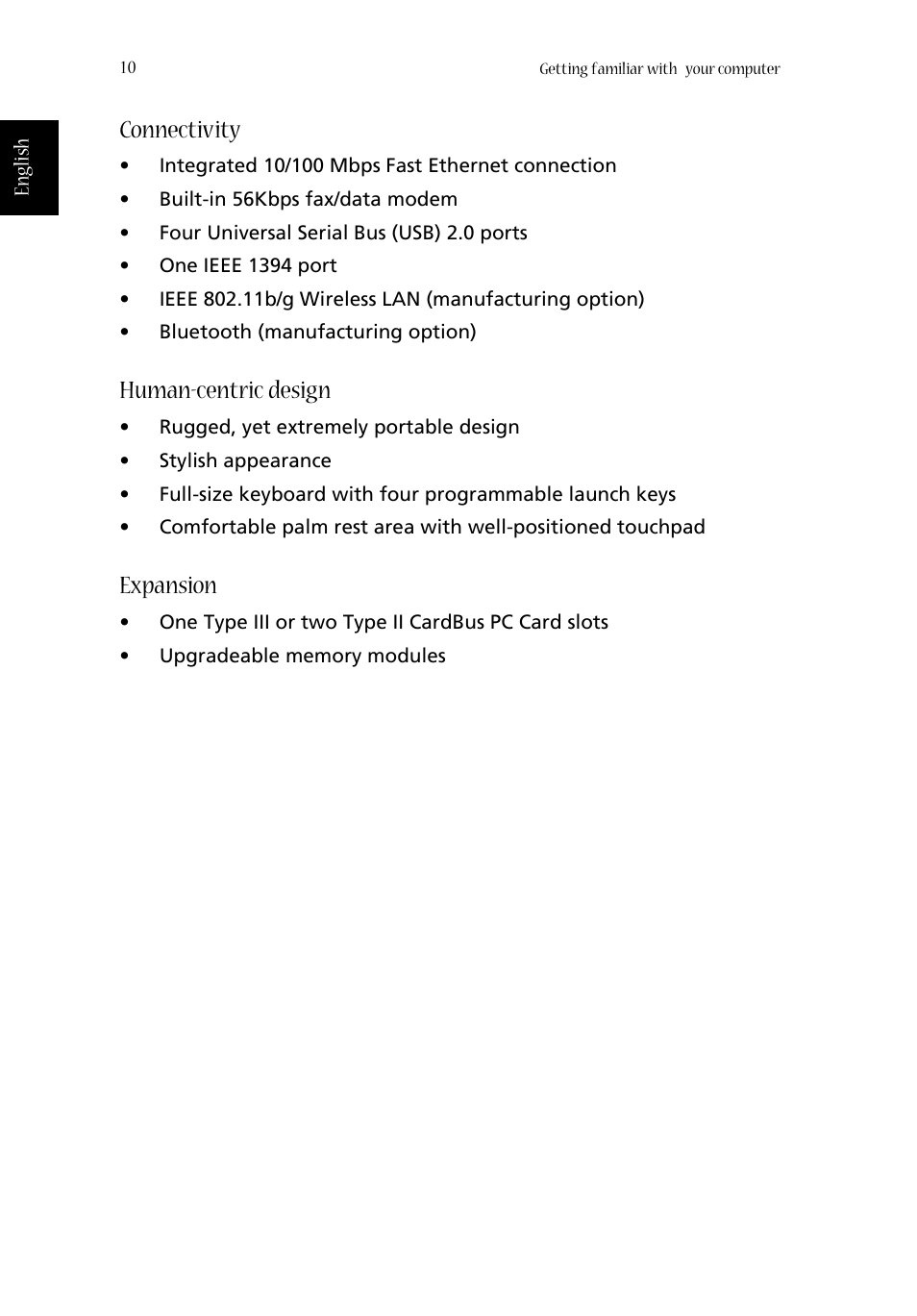 Connectivity, Human-centric design, Expansion | Acer Aspire 1660 User Manual | Page 20 / 100