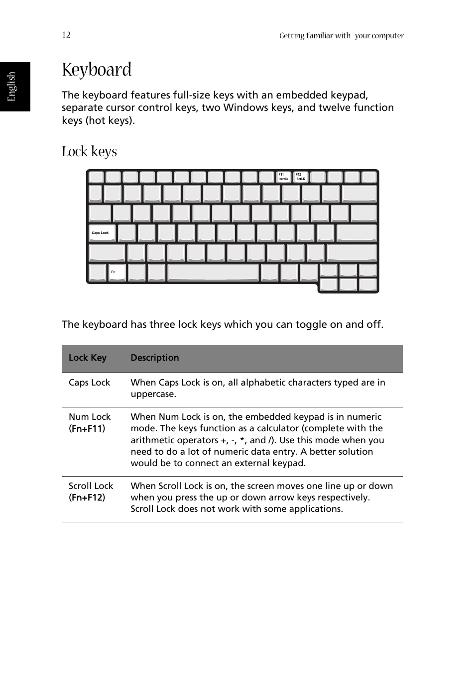 Keyboard, Lock keys | Acer Aspire 1660 User Manual | Page 22 / 100