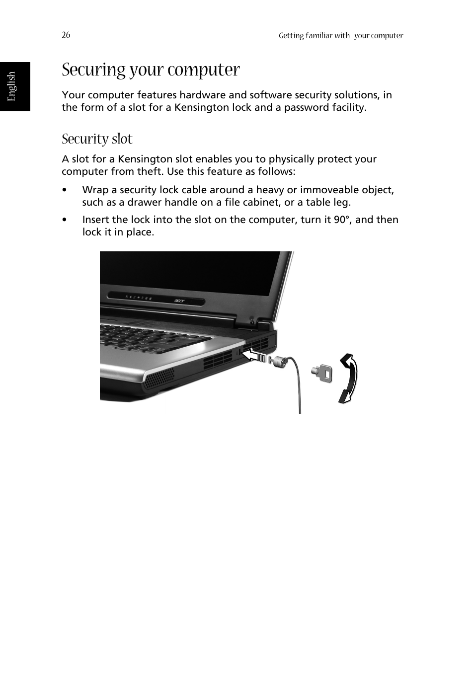 Securing your computer, Security slot | Acer Aspire 1660 User Manual | Page 36 / 100