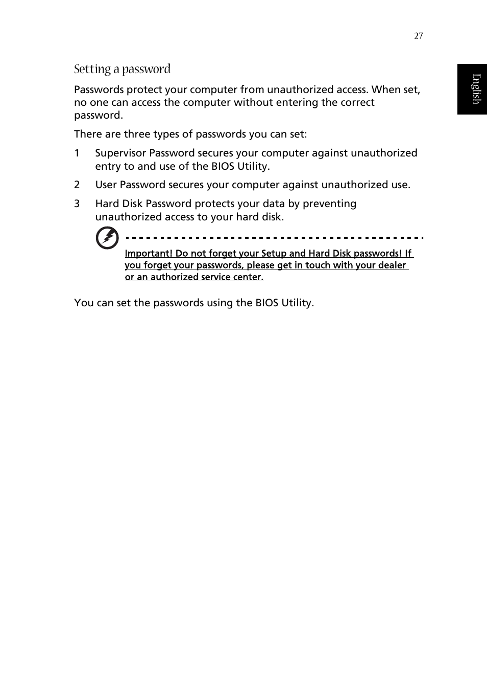 Setting a password | Acer Aspire 1660 User Manual | Page 37 / 100
