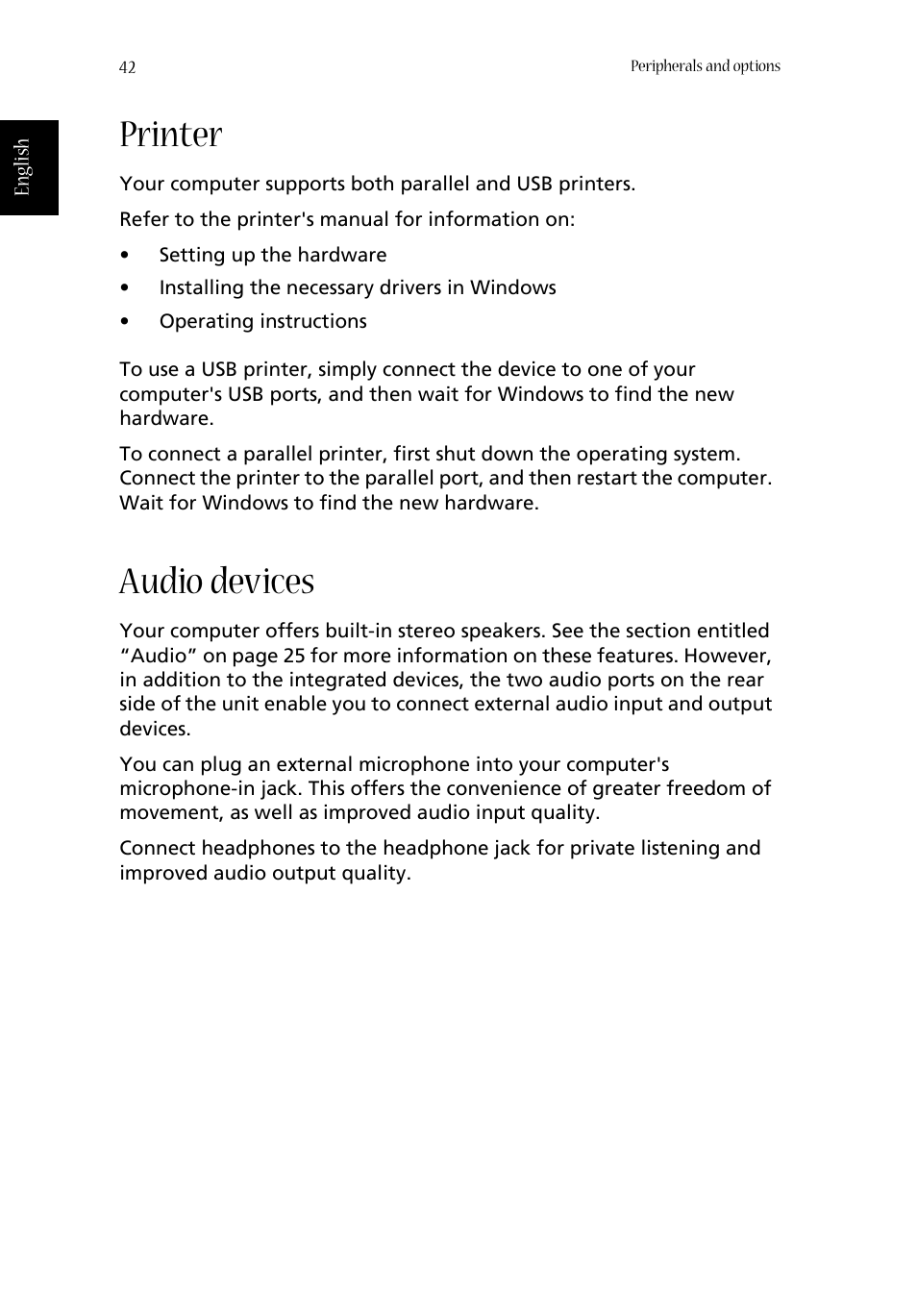 Printer, Audio devices | Acer Aspire 1660 User Manual | Page 52 / 100