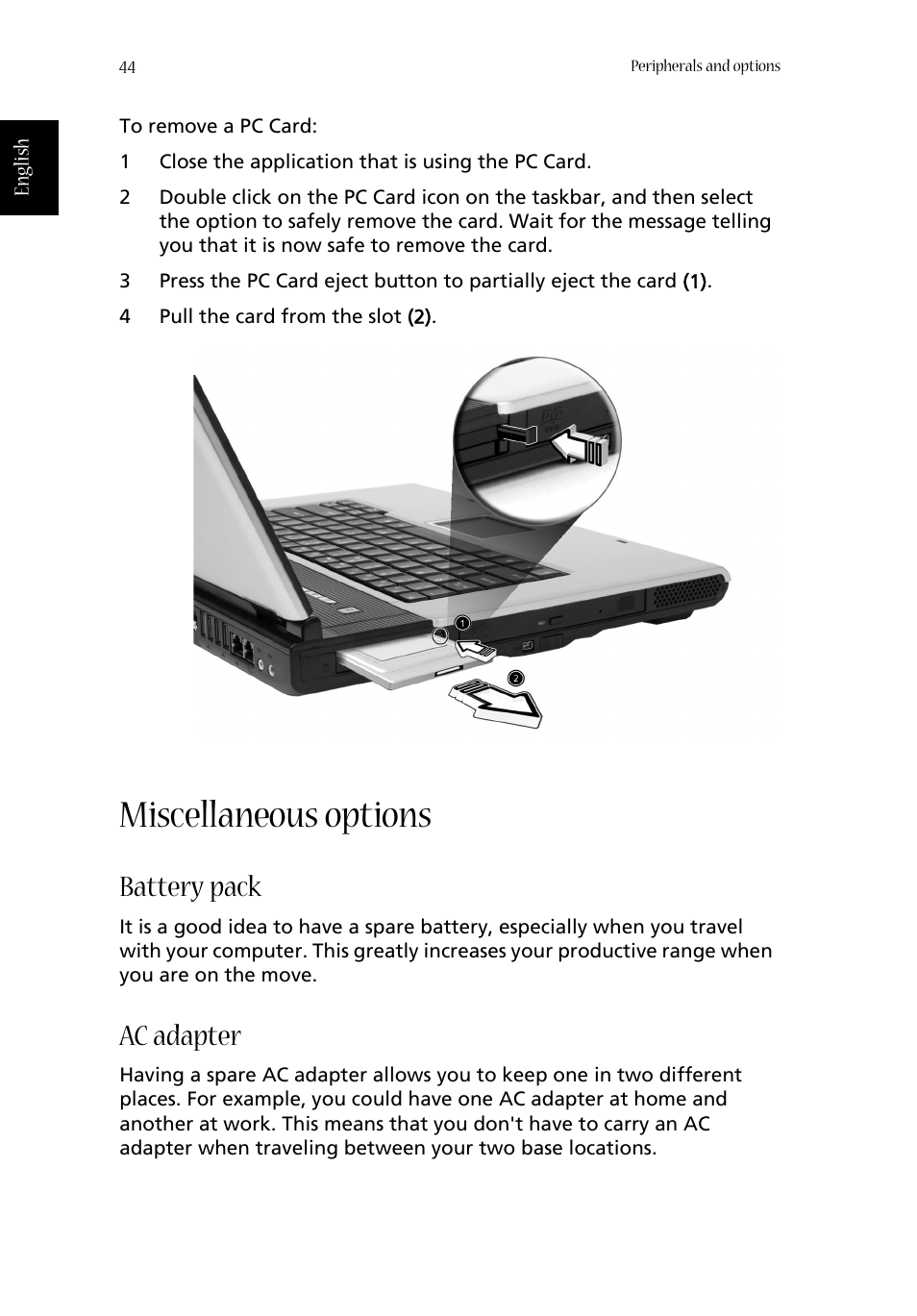 Miscellaneous options, Battery pack, Ac adapter | Acer Aspire 1660 User Manual | Page 54 / 100