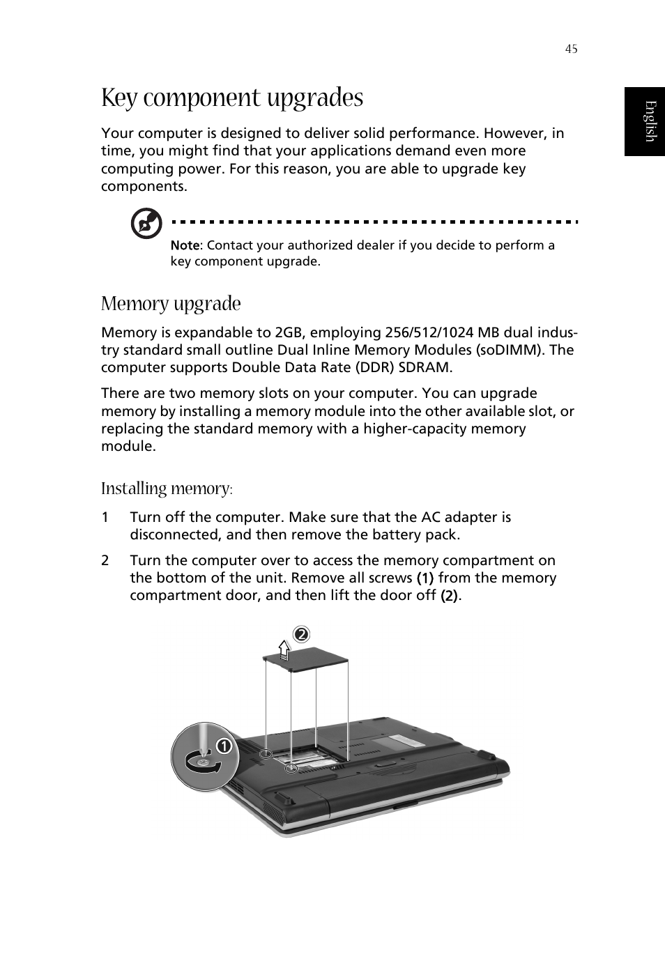 Key component upgrades, Memory upgrade | Acer Aspire 1660 User Manual | Page 55 / 100