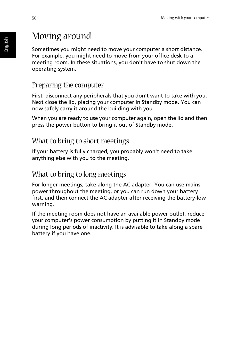 Moving around, Preparing the computer, What to bring to short meetings | What to bring to long meetings | Acer Aspire 1660 User Manual | Page 60 / 100