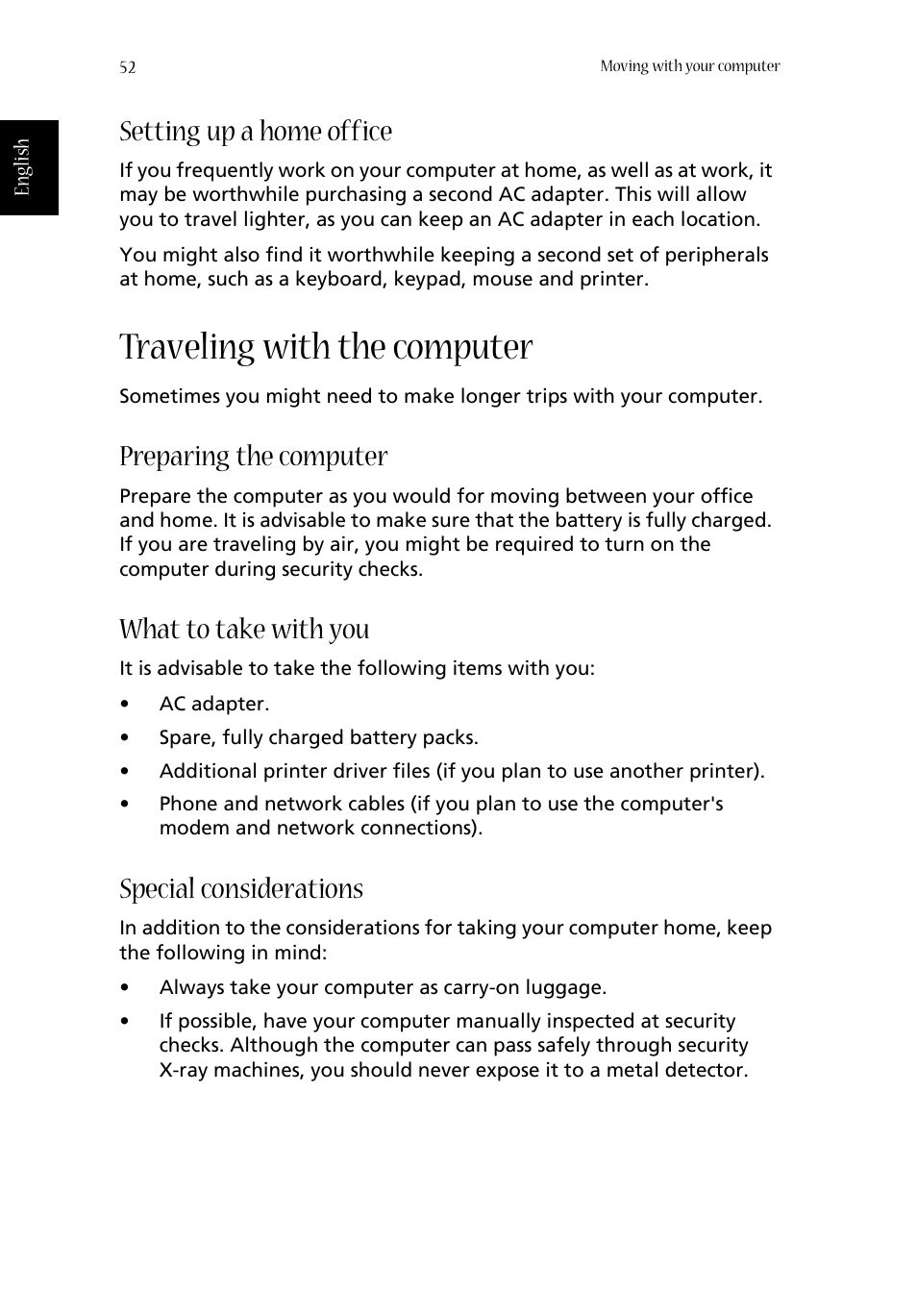 Setting up a home office, Traveling with the computer, Preparing the computer | What to take with you, Special considerations | Acer Aspire 1660 User Manual | Page 62 / 100