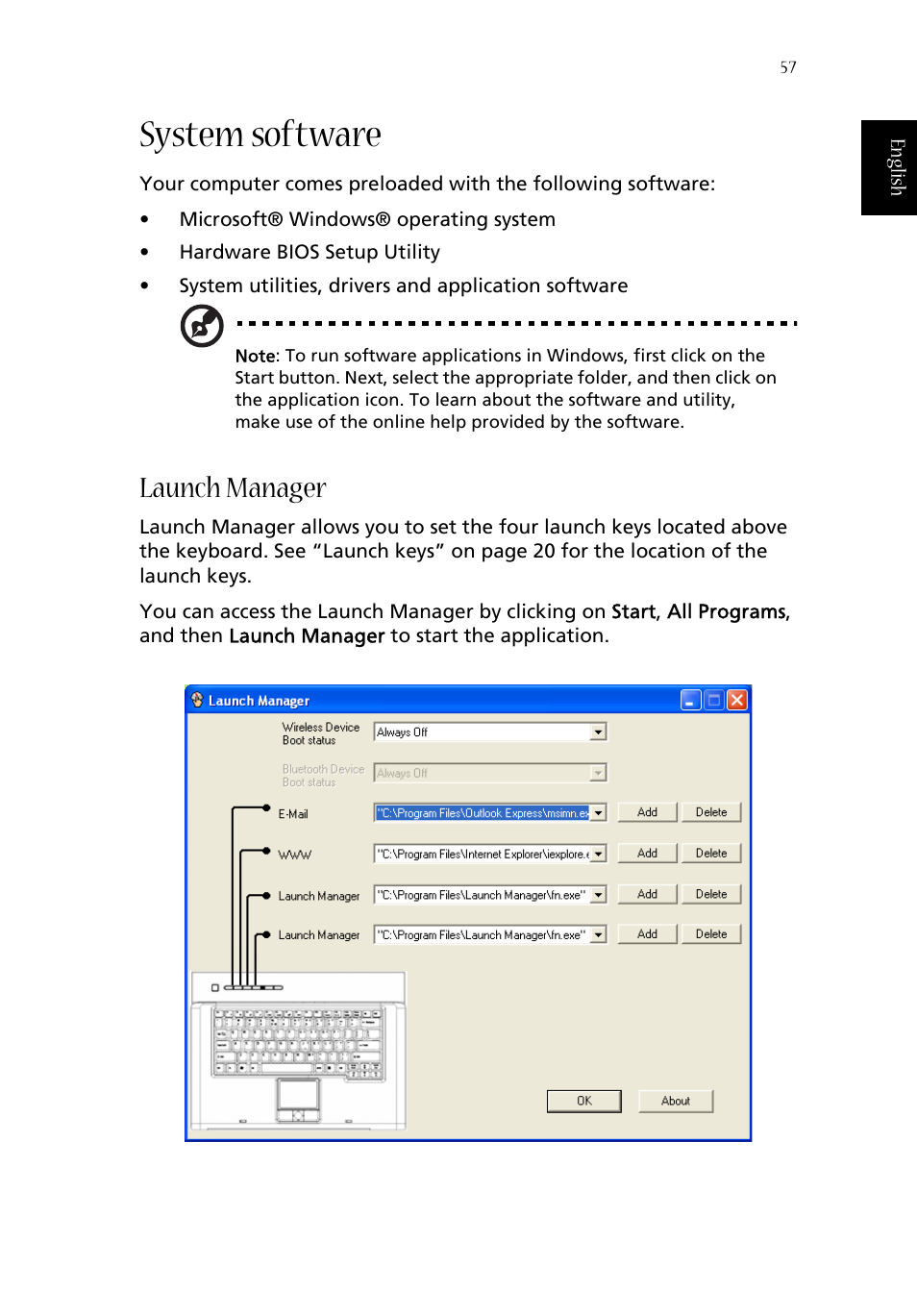 System software, Launch manager | Acer Aspire 1660 User Manual | Page 67 / 100