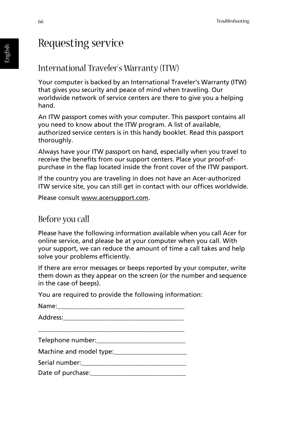 Requesting service, International traveler’s warranty (itw), Before you call | Acer Aspire 1660 User Manual | Page 76 / 100