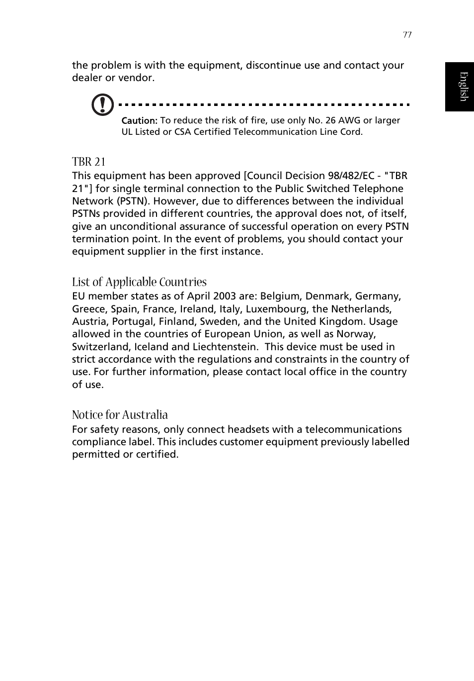 Tbr 21, List of applicable countries, Notice for australia | Acer Aspire 1660 User Manual | Page 87 / 100