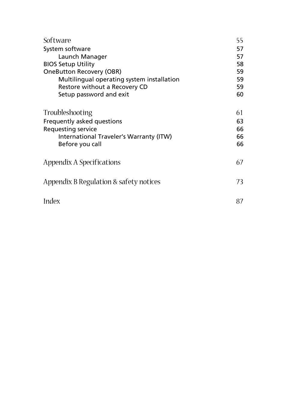 Software 55, Troubleshooting 61 | Acer Aspire 1660 User Manual | Page 9 / 100