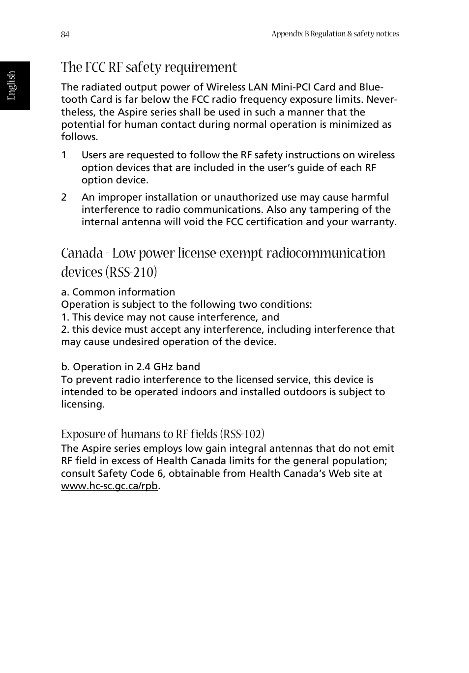 The fcc rf safety requirement, Exposure of humans to rf fields (rss-102) | Acer Aspire 1660 User Manual | Page 94 / 100