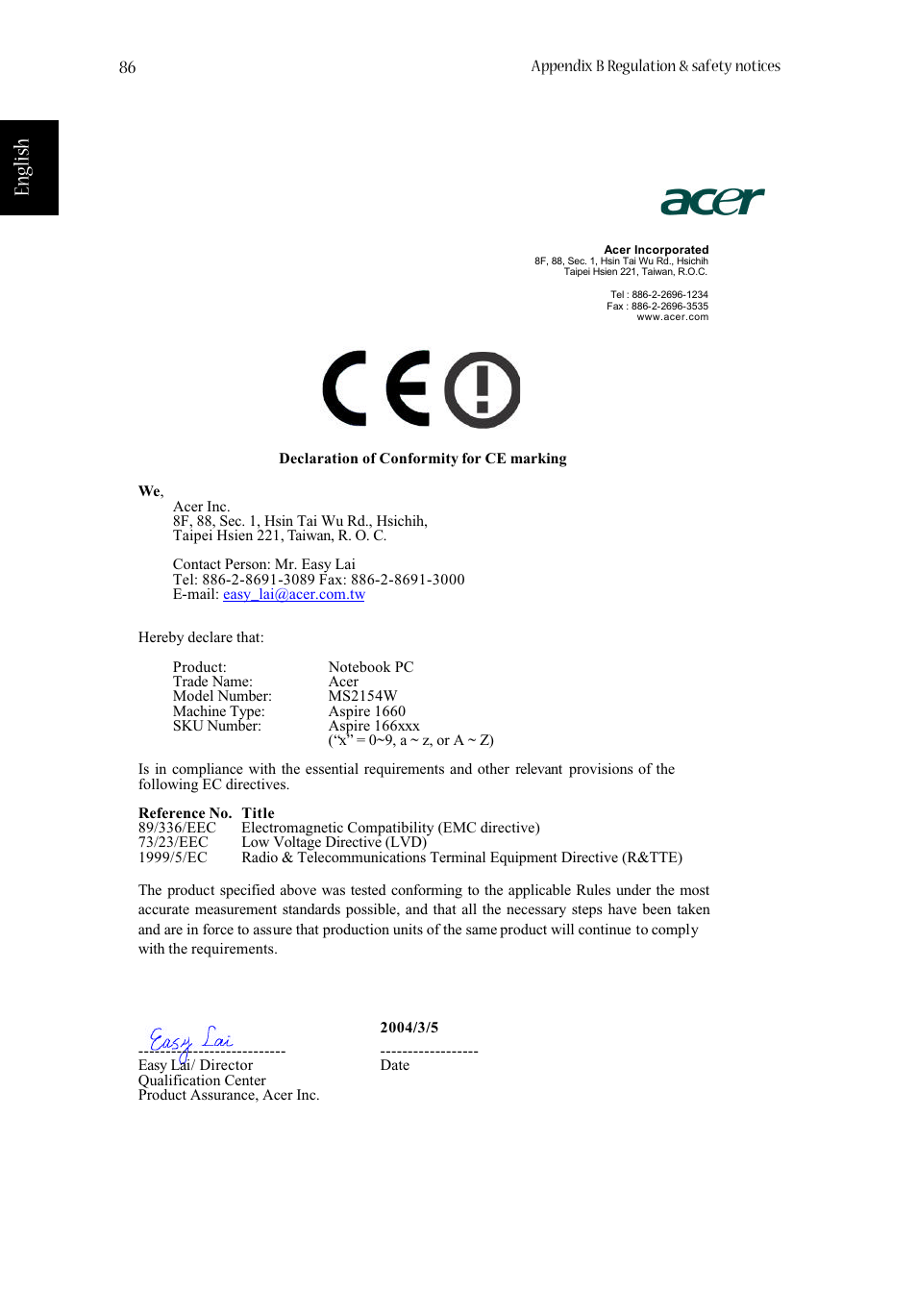 English | Acer Aspire 1660 User Manual | Page 96 / 100