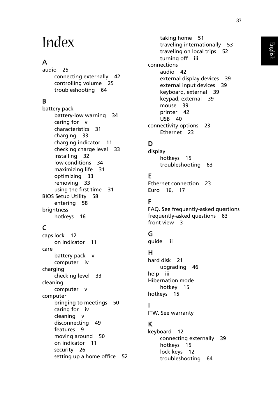 Index | Acer Aspire 1660 User Manual | Page 97 / 100