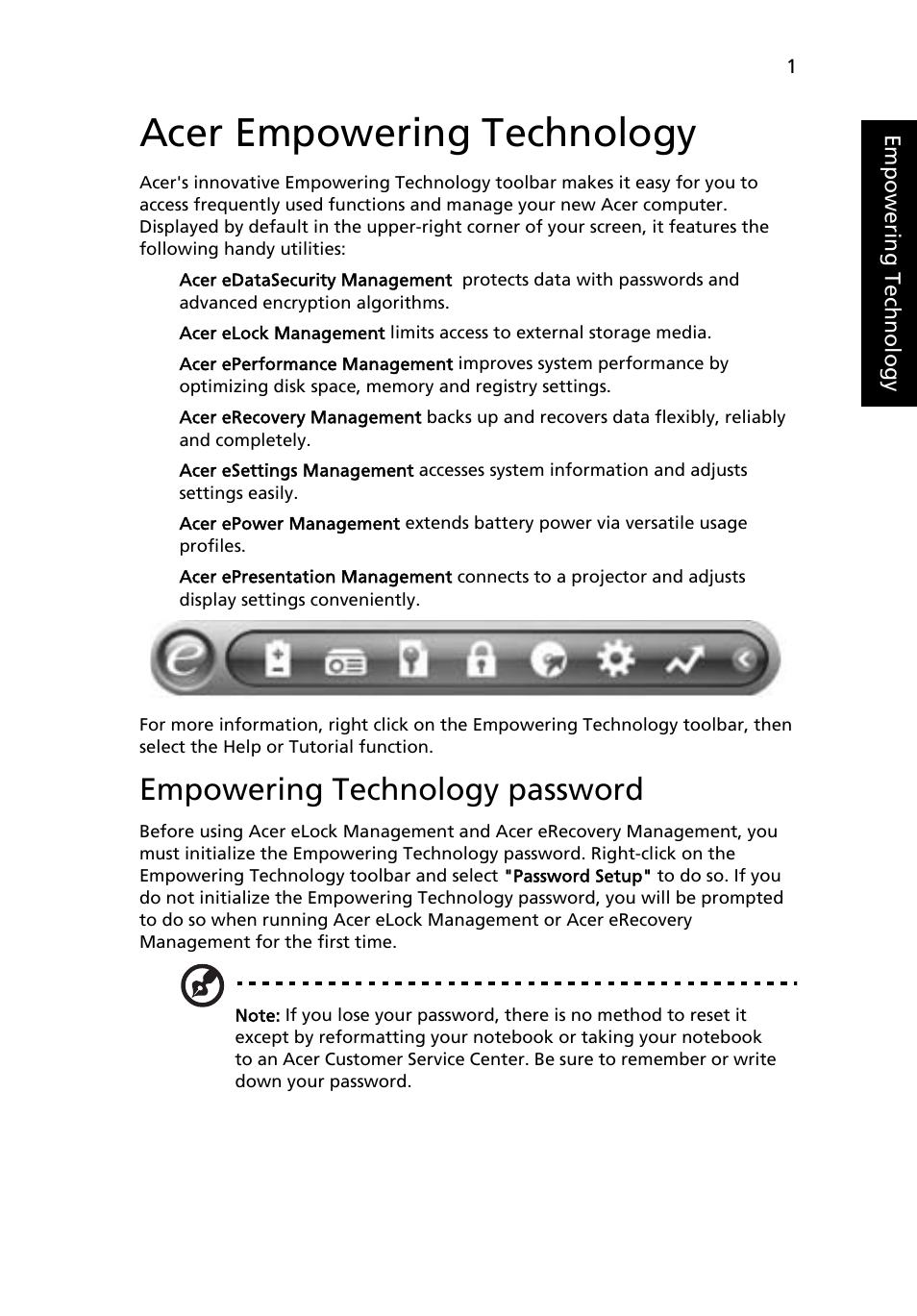 Acer empowering technology, Empowering technology password | Acer TravelMate 7510 User Manual | Page 19 / 91