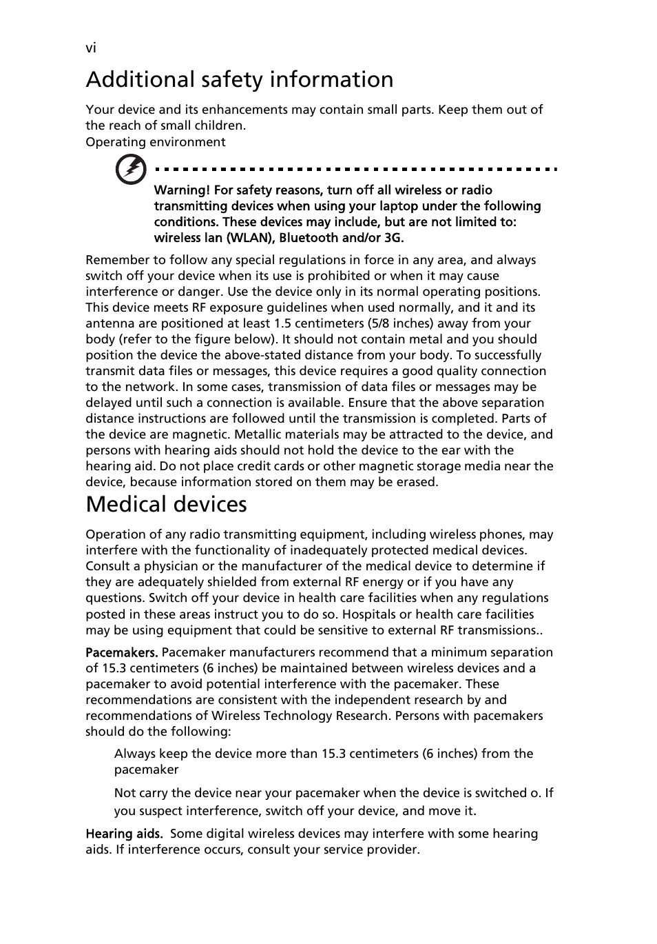 Additional safety information, Medical devices | Acer TravelMate 7510 User Manual | Page 6 / 91