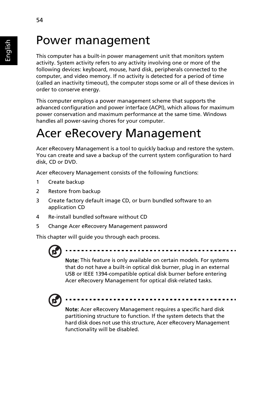 Power management, Acer erecovery management | Acer TravelMate 7510 User Manual | Page 72 / 91