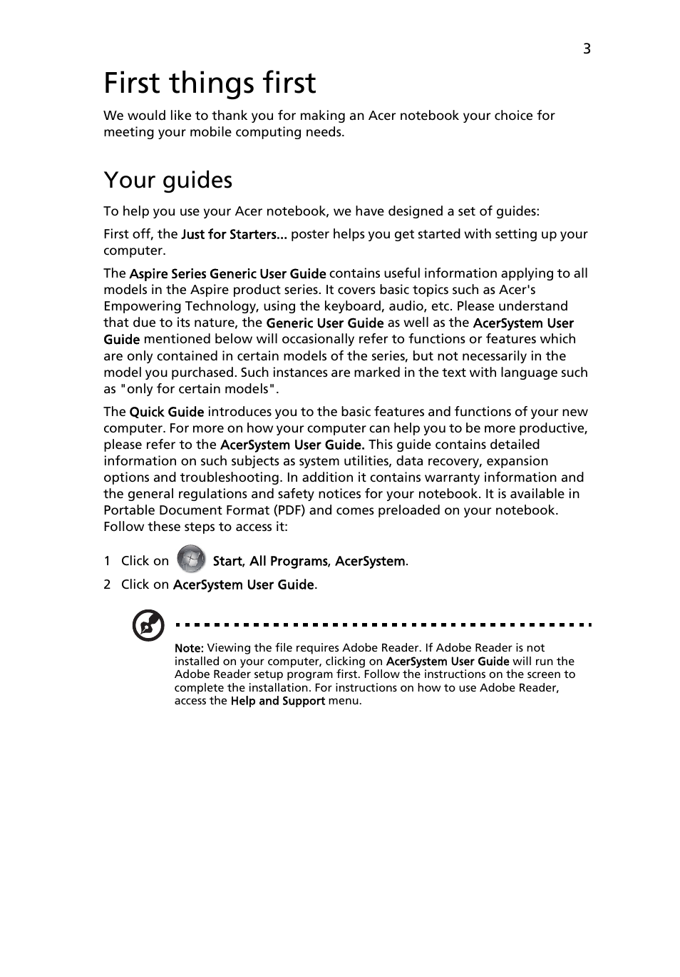 First things first, Your guides | Acer Aspire 5542 User Manual | Page 3 / 12