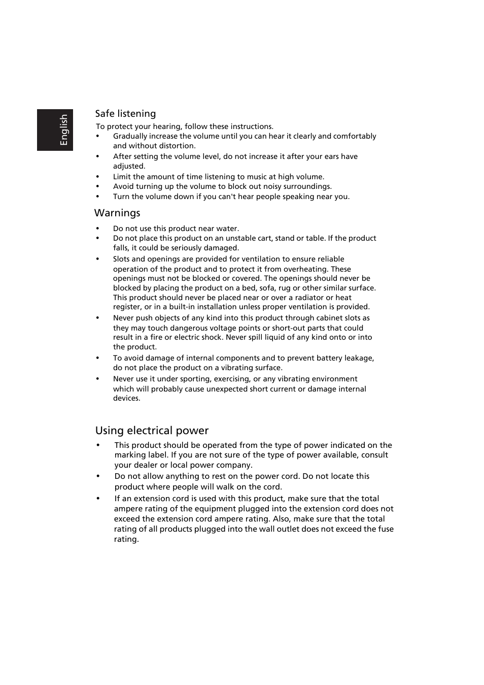 Using electrical power, Warnings, Safe listening | Eng lish, ᑒኁጒ | Acer K192HQL User Manual | Page 5 / 7