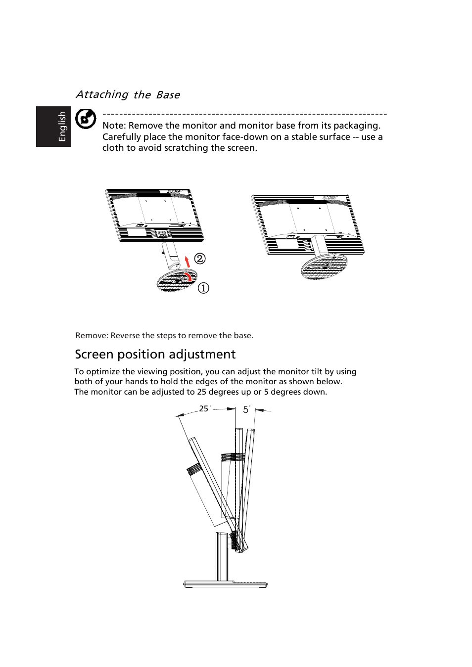 Screen position adjustment, Attaching the base, ᑒ஀ኁጒ | Acer K192HQL User Manual | Page 7 / 7